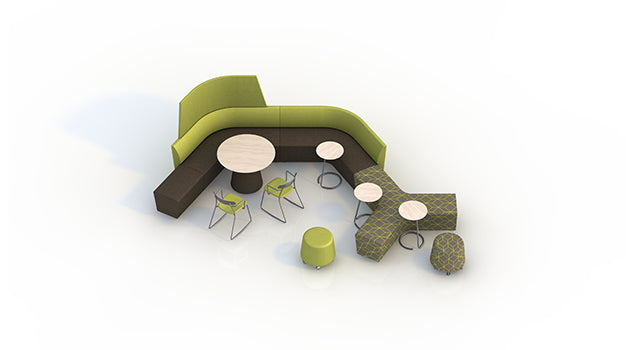Modern indoor furniture set with green and brown chairs, tables, and stools on a white background breakout area rental
