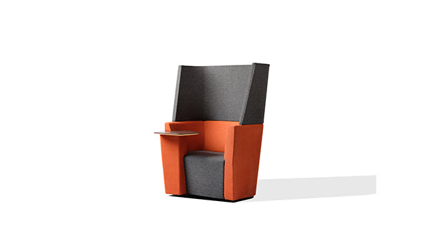 Modern chair with orange and gray design on a white background rental