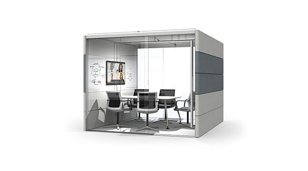 Modern office pod with glass walls and furniture on a white background rent furniture