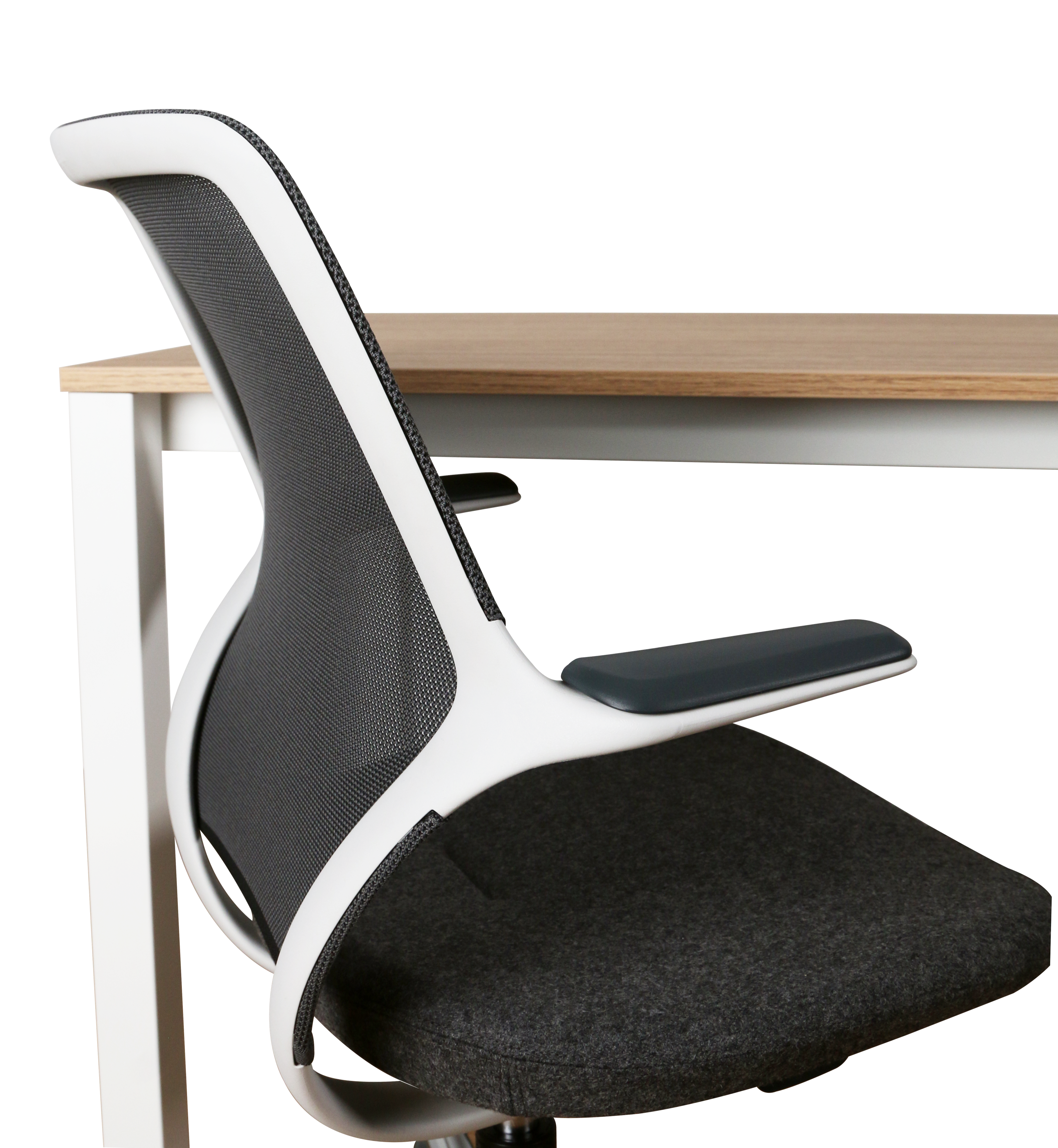 Ergonomic office chair with a white frame and black seat and backrest on a white background.