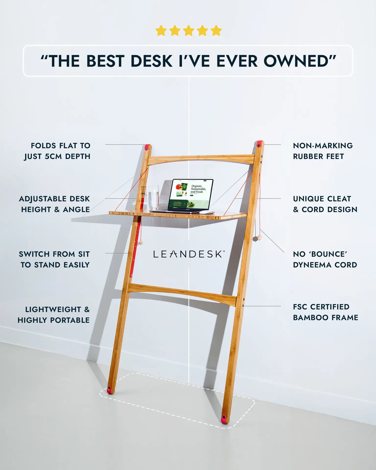 Leandesk Bamboo Folding Sit-Stand Desk – Compact Standing Desk, Space-Saving Sustainable Design - Subscription