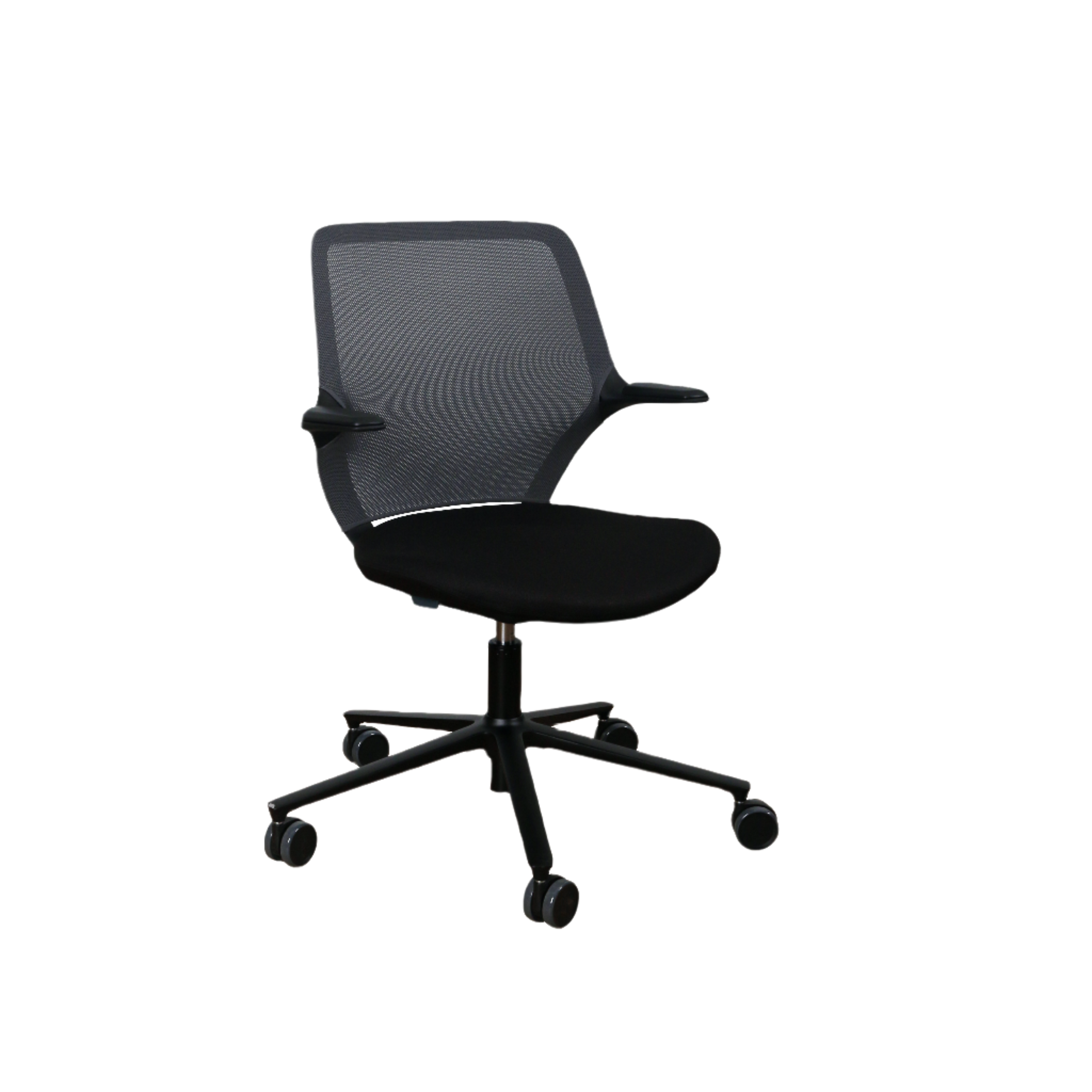 Black office chair with mesh back on a white background