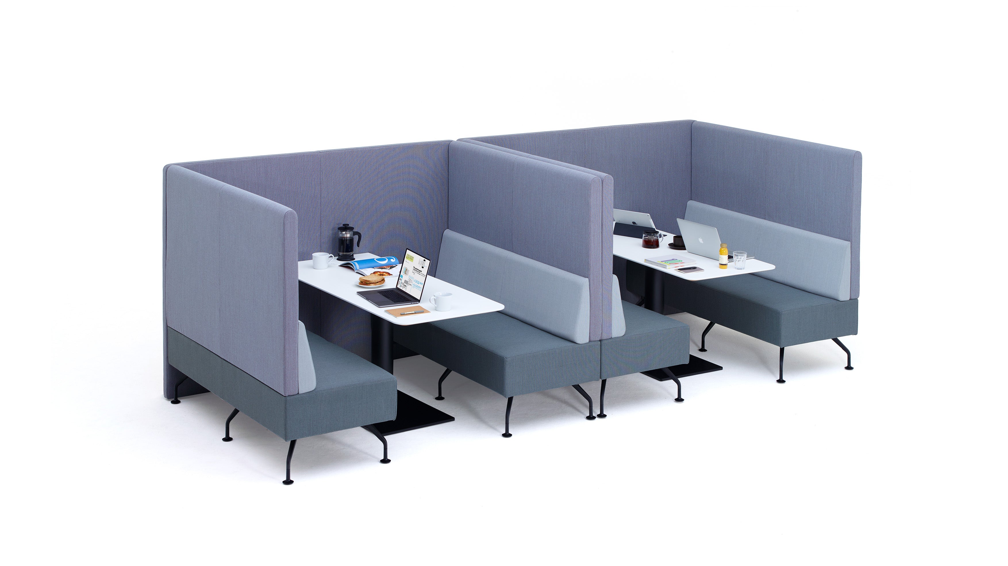 Modern office pod with tables and chairs on a white background