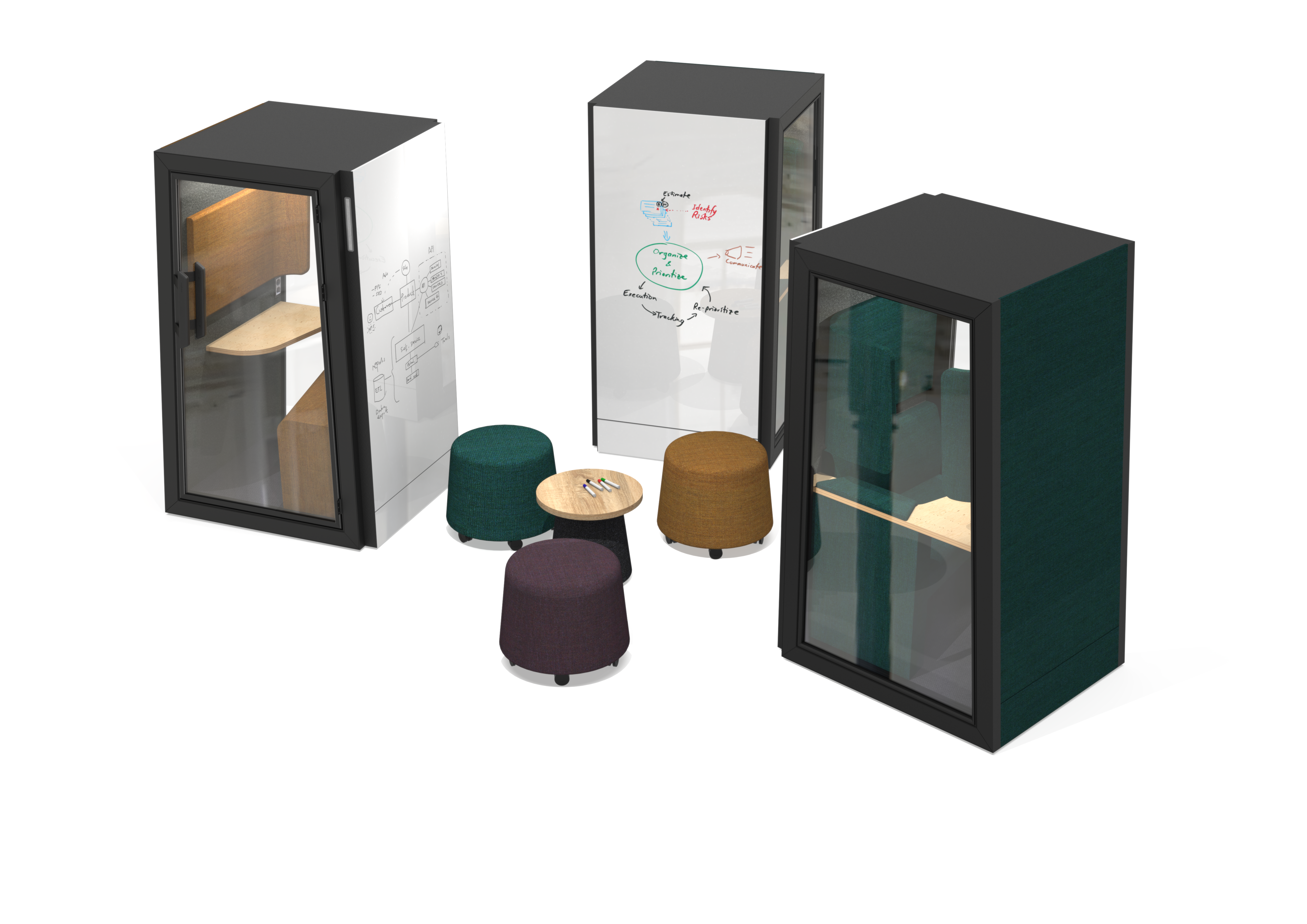 Four modern glass office pods with people inside on a white background