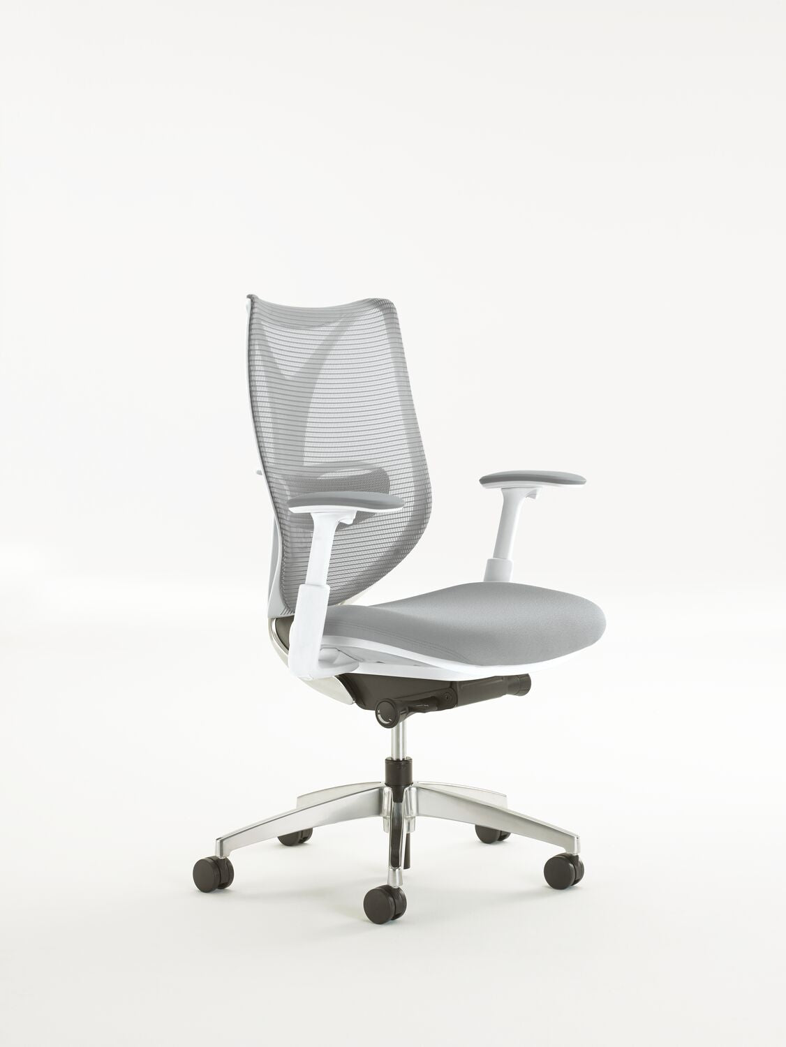 Gray office chair with mesh back on a white background