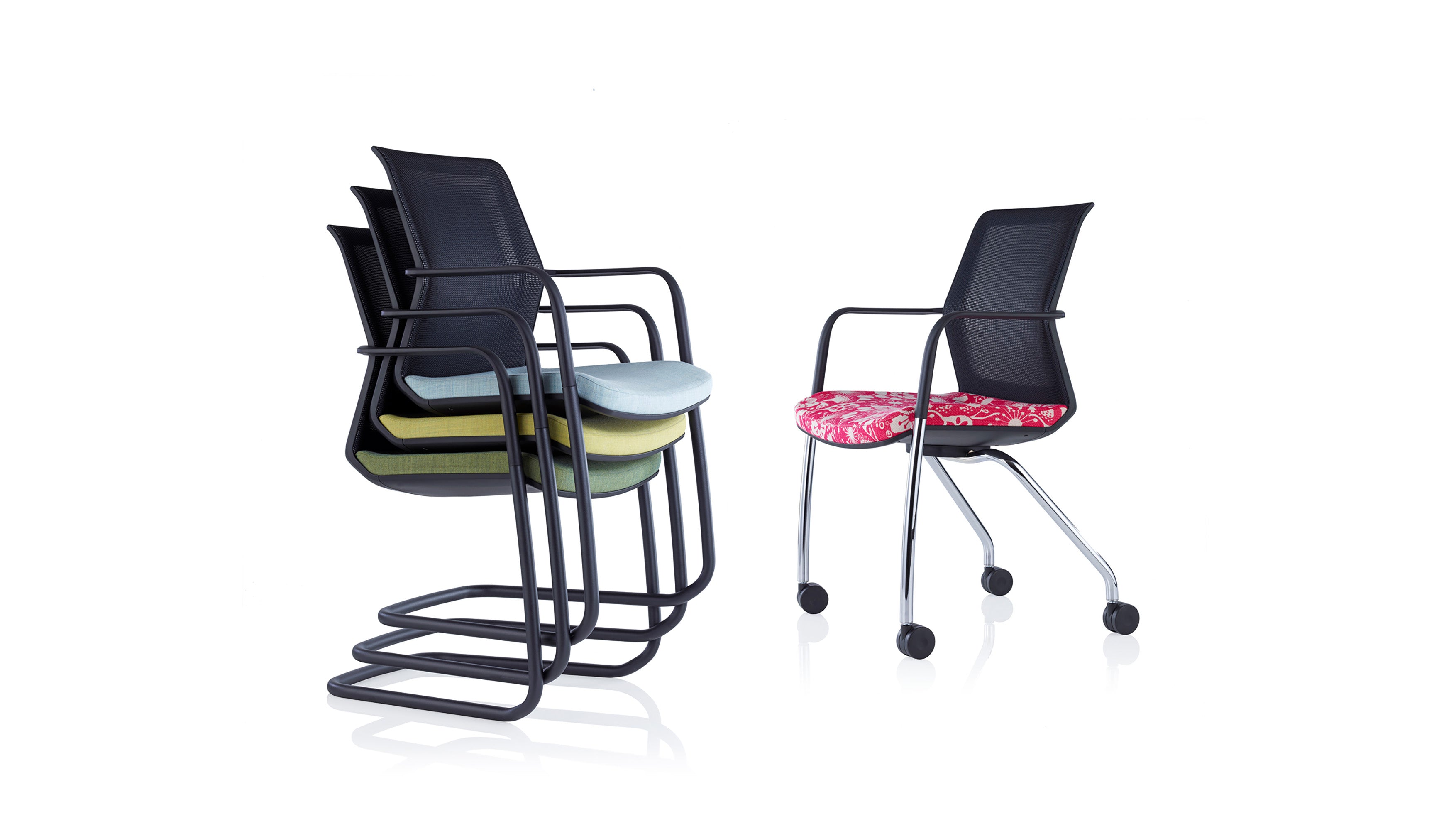 Set of chairs with colorful seat pads on a white background stackable meeting chairs