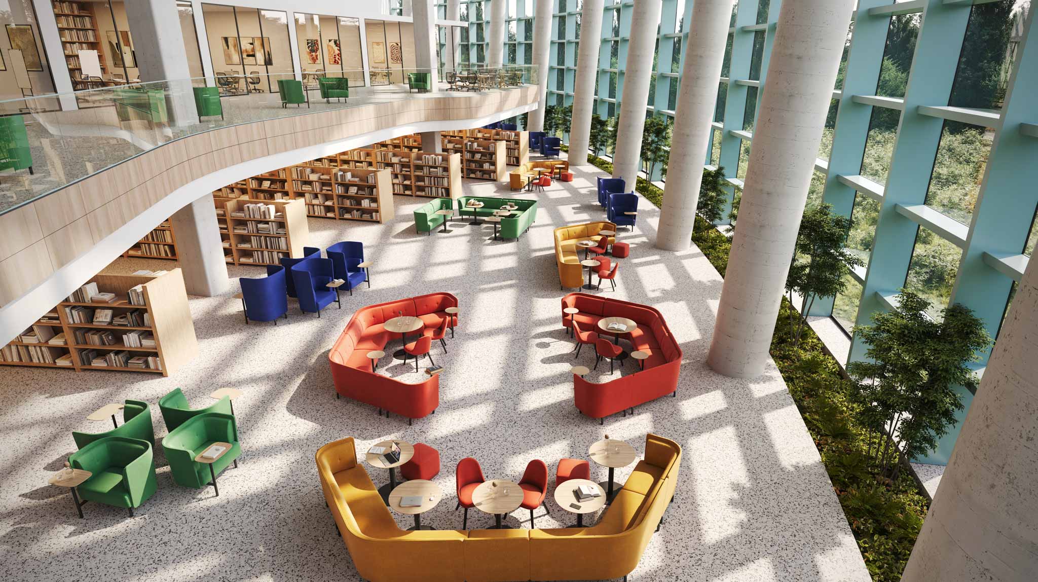 Modern library interior with colorful seating areas and bookshelves. Orange Box Beyond Desk is a modern, height-adjustable sit-stand desk designed for home offices, commercial workspaces, coworking areas, and collaborative environments. Featuring ergonomic design, advanced cable management, and smart connectivity, it supports productivity, wellness, and flexible work setups. Available via purchase, subscription, or lease as part of a sustainable office furniture solution supporting a circular economy.