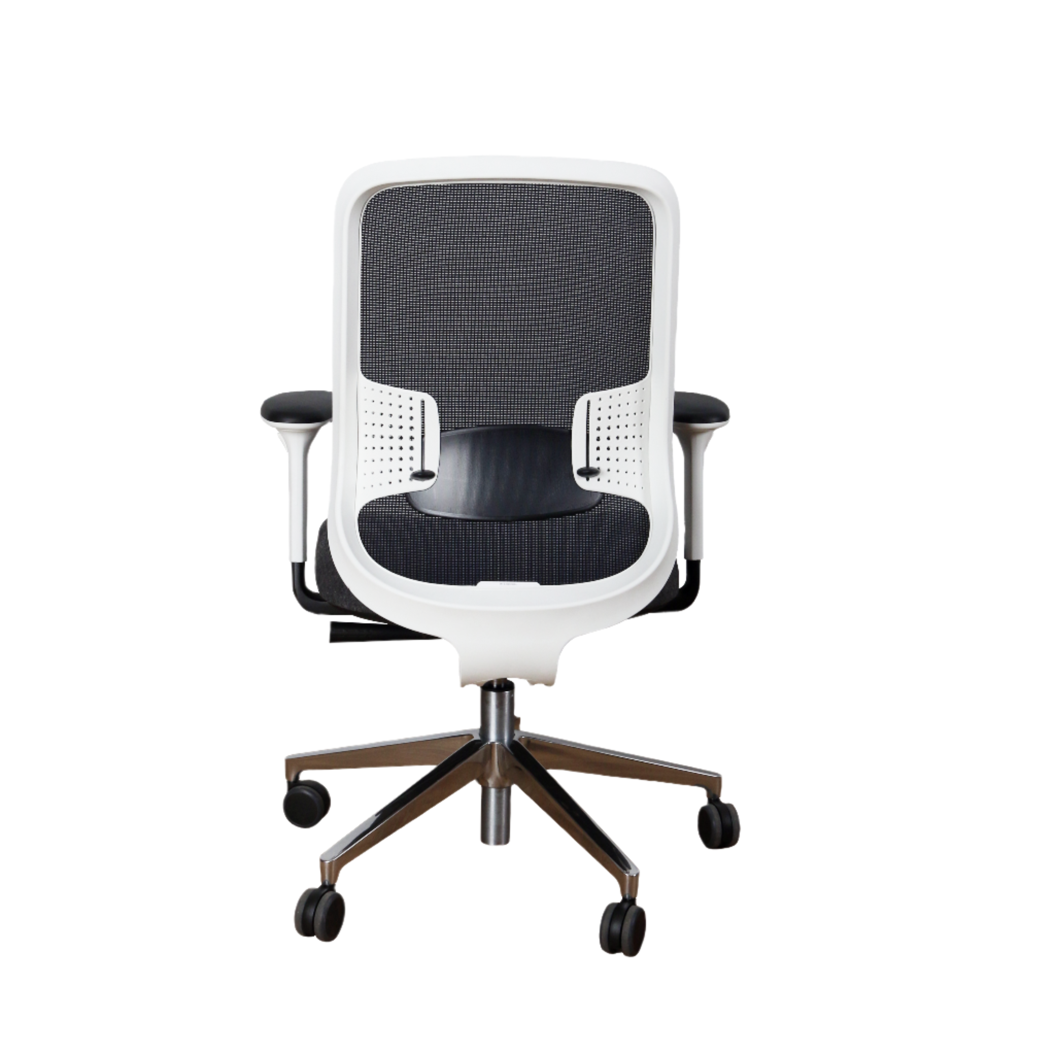 Office chair with black mesh backrest and seat on a white background, rental office chair, working from home