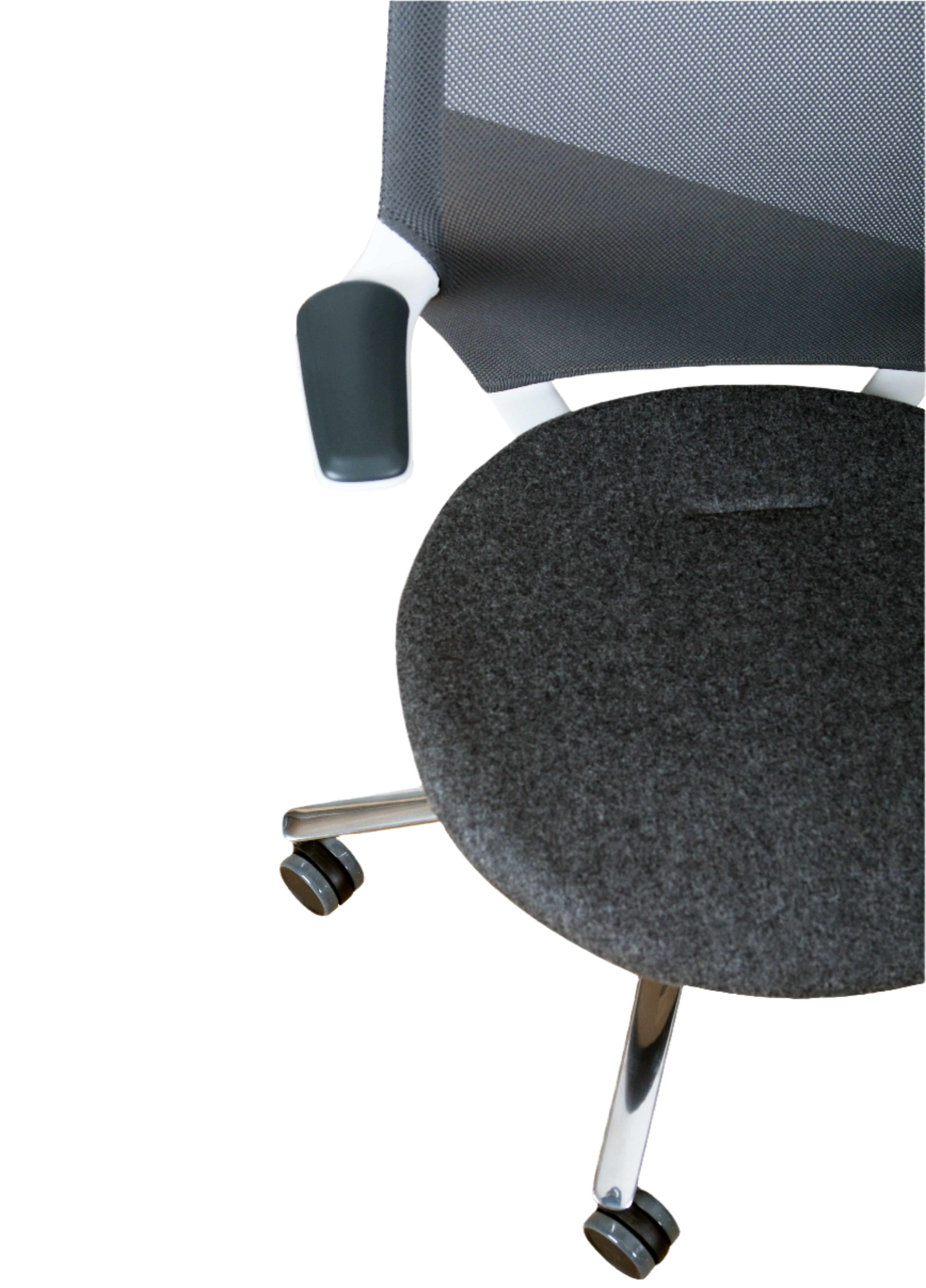 Gray office chair with a focus on the seat and backrest on a white background