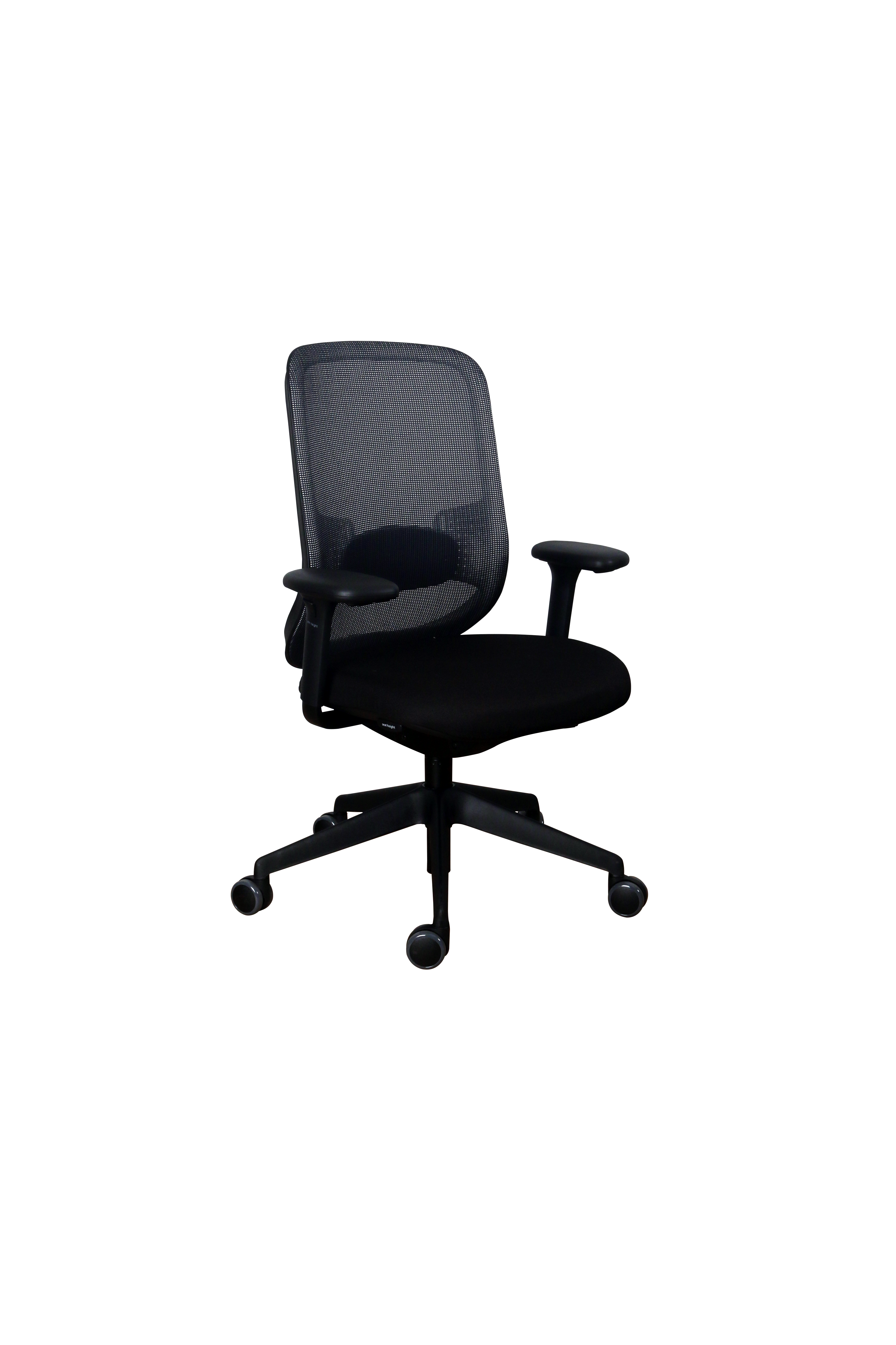 Black office chair with mesh backrest on a white background
