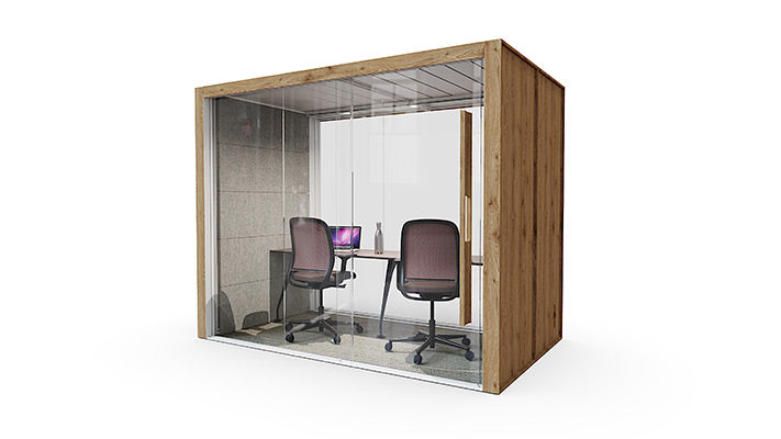 Modern office pod with glass walls and wooden frame on a white background. rent furniture