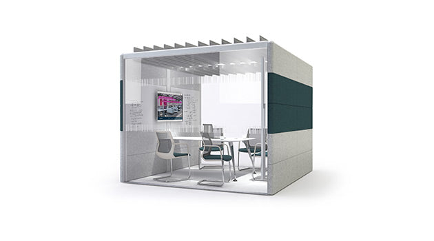Modern office pod with glass walls on a white background. rent furniture
