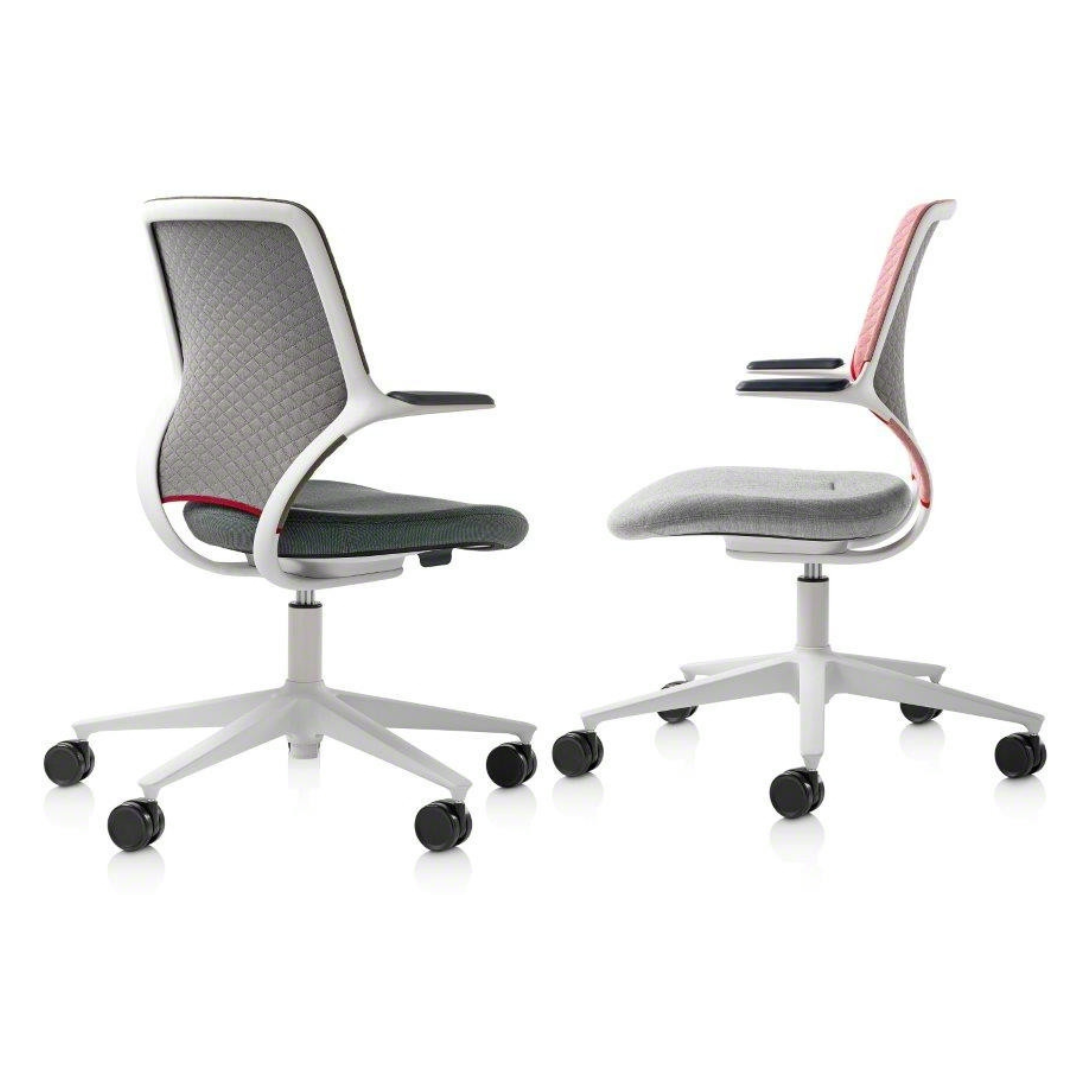 Two office chairs with gray mesh backs and white frames on a white background rental chairs