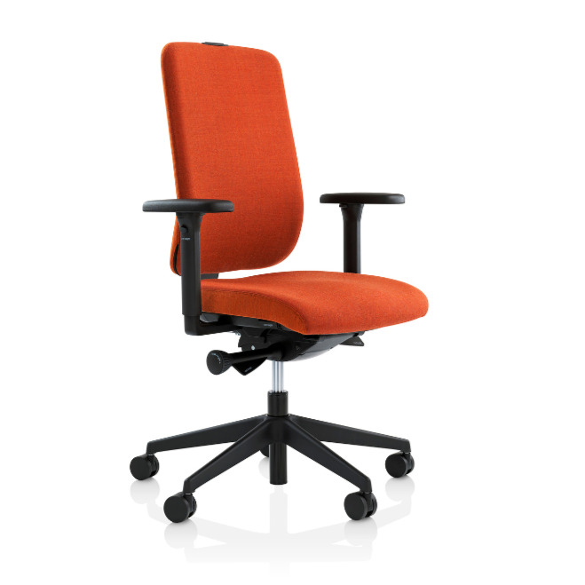 Orange office chair with black frame and wheels on a white background, specialist rental chair