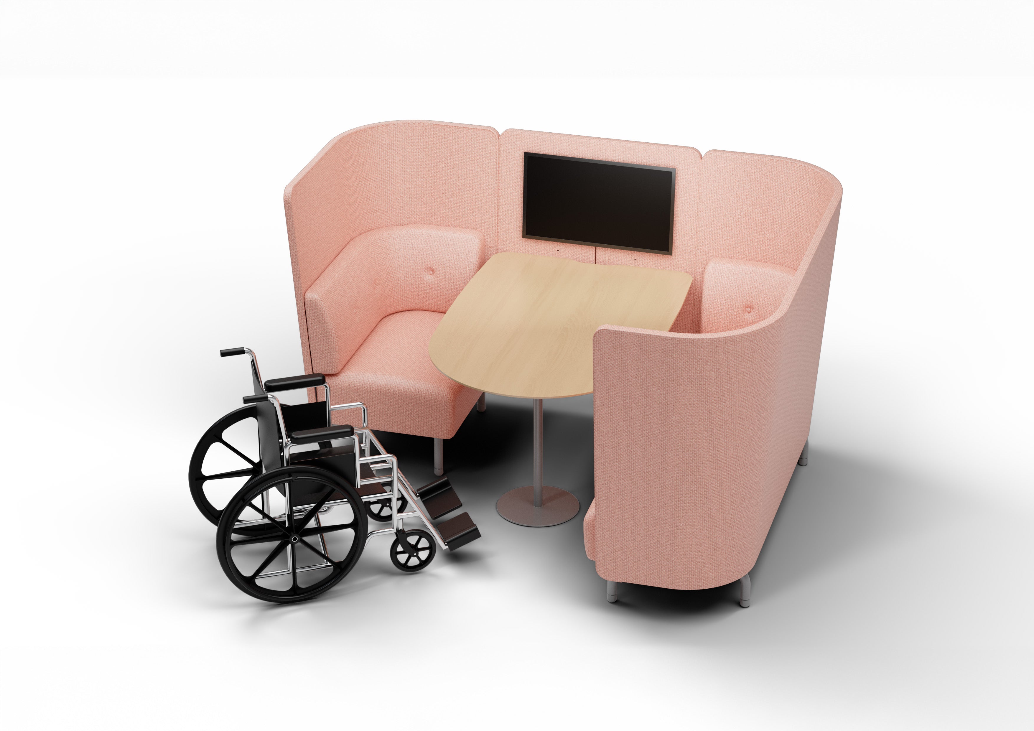Pink curved seating area with a small table and screen, Orange Box Beyond Desk is a modern, height-adjustable sit-stand desk designed for home offices, commercial workspaces, coworking areas, and collaborative environments. Featuring ergonomic design, advanced cable management, and smart connectivity, it supports productivity, wellness, and flexible work setups. Available via purchase, subscription, or lease as part of a sustainable office furniture solution supporting a circular economy.