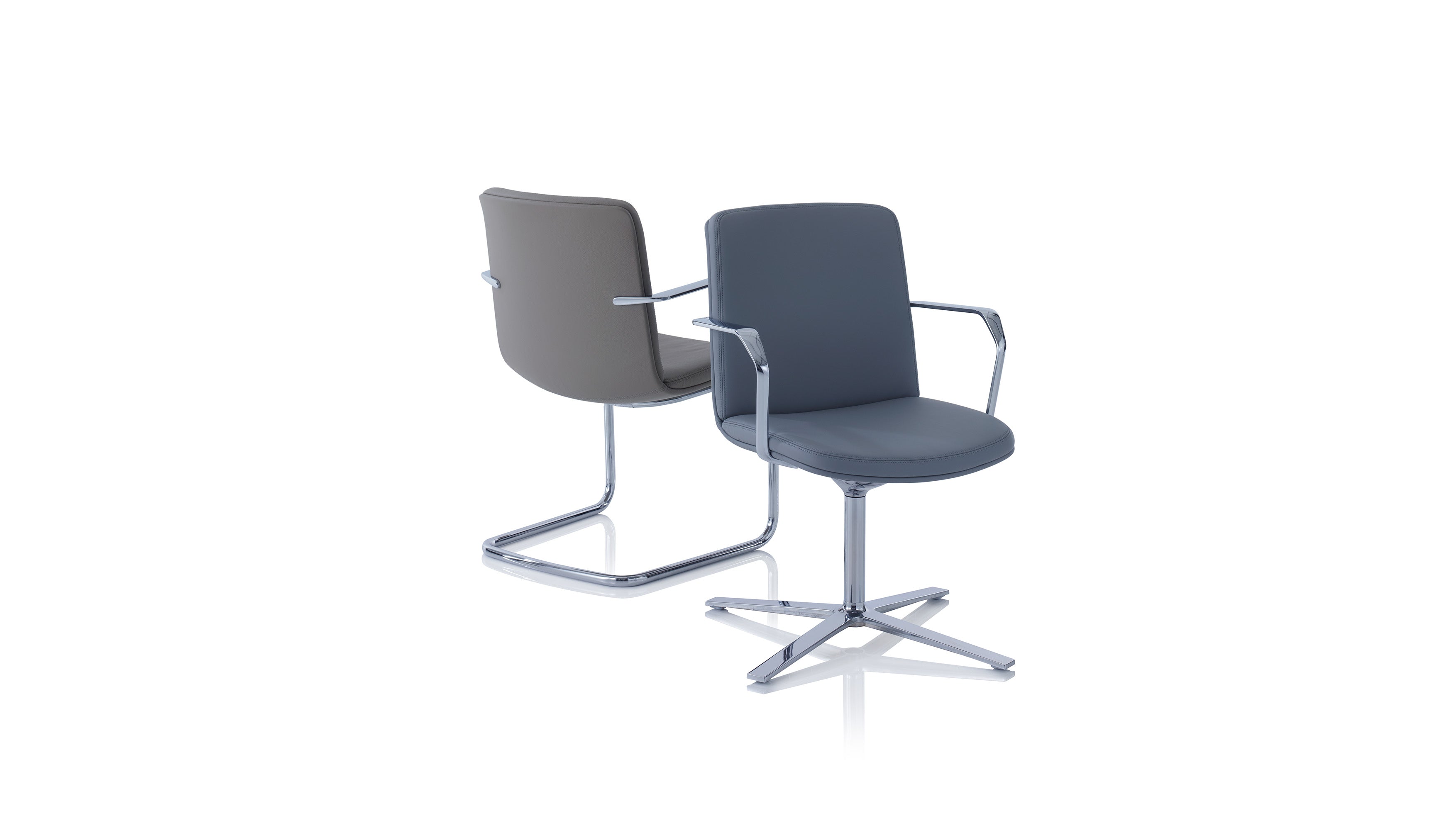 Two gray office chairs with metal frames on a white background