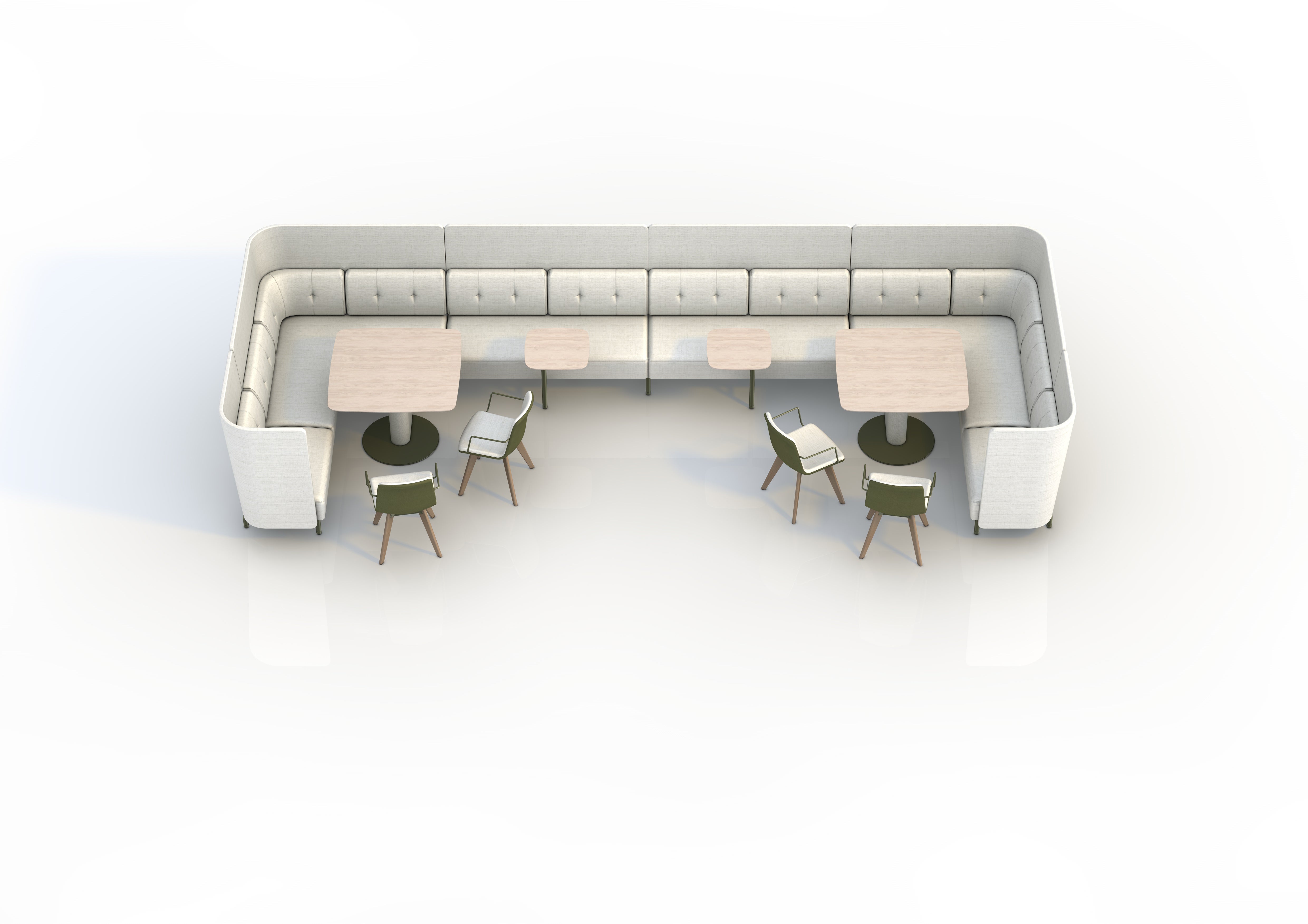 Modern office furniture set with a long bench and round tables on a white background a modern, height-adjustable sit-stand desk designed for home offices, commercial workspaces, coworking areas, and collaborative environments. Featuring ergonomic design, advanced cable management, and smart connectivity, it supports productivity, wellness, and flexible work setups. Available via purchase, subscription, or lease as part of a sustainable office furniture solution supporting a circular