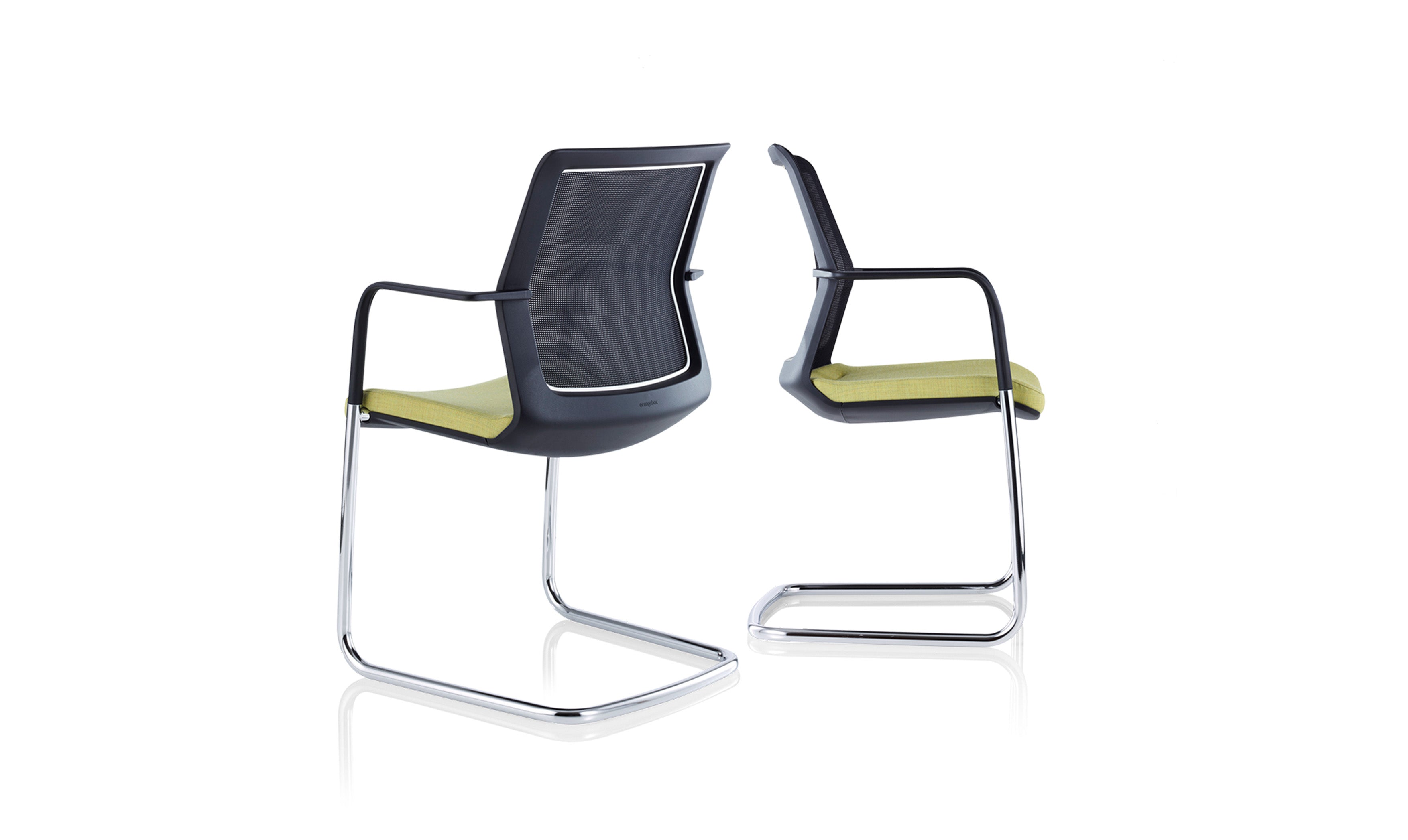Two modern chairs with black and green seats on a white background